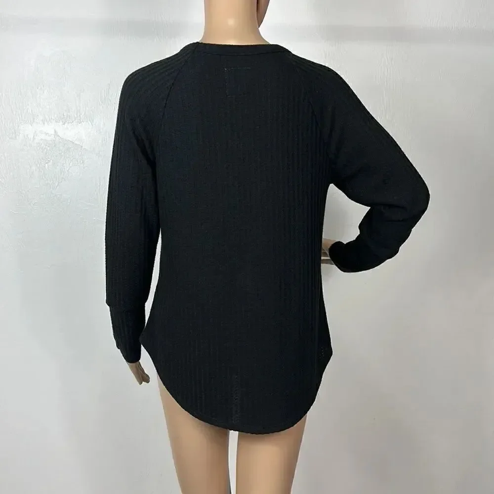 Chaser Black Waffle Knit Long Sleeve Crew Neck Top Size M
